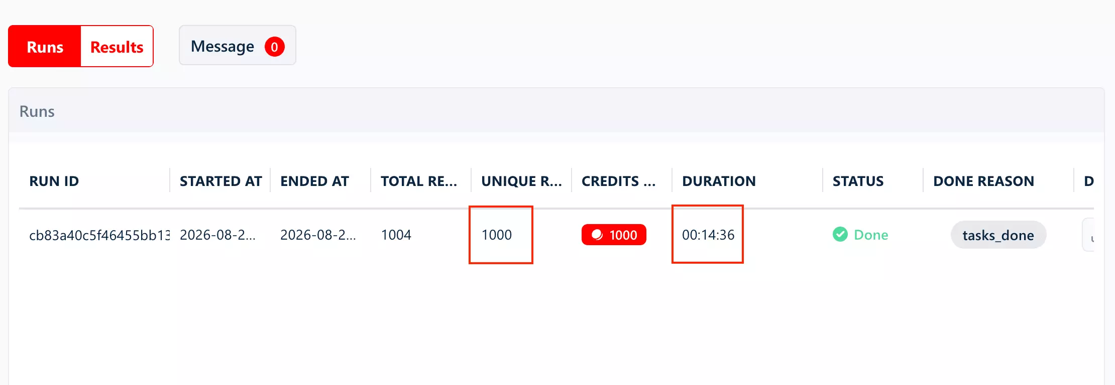 Basic-Run von lobstr.io: 1.000 Anzeigen in 14 Minuten 17 Sekunden