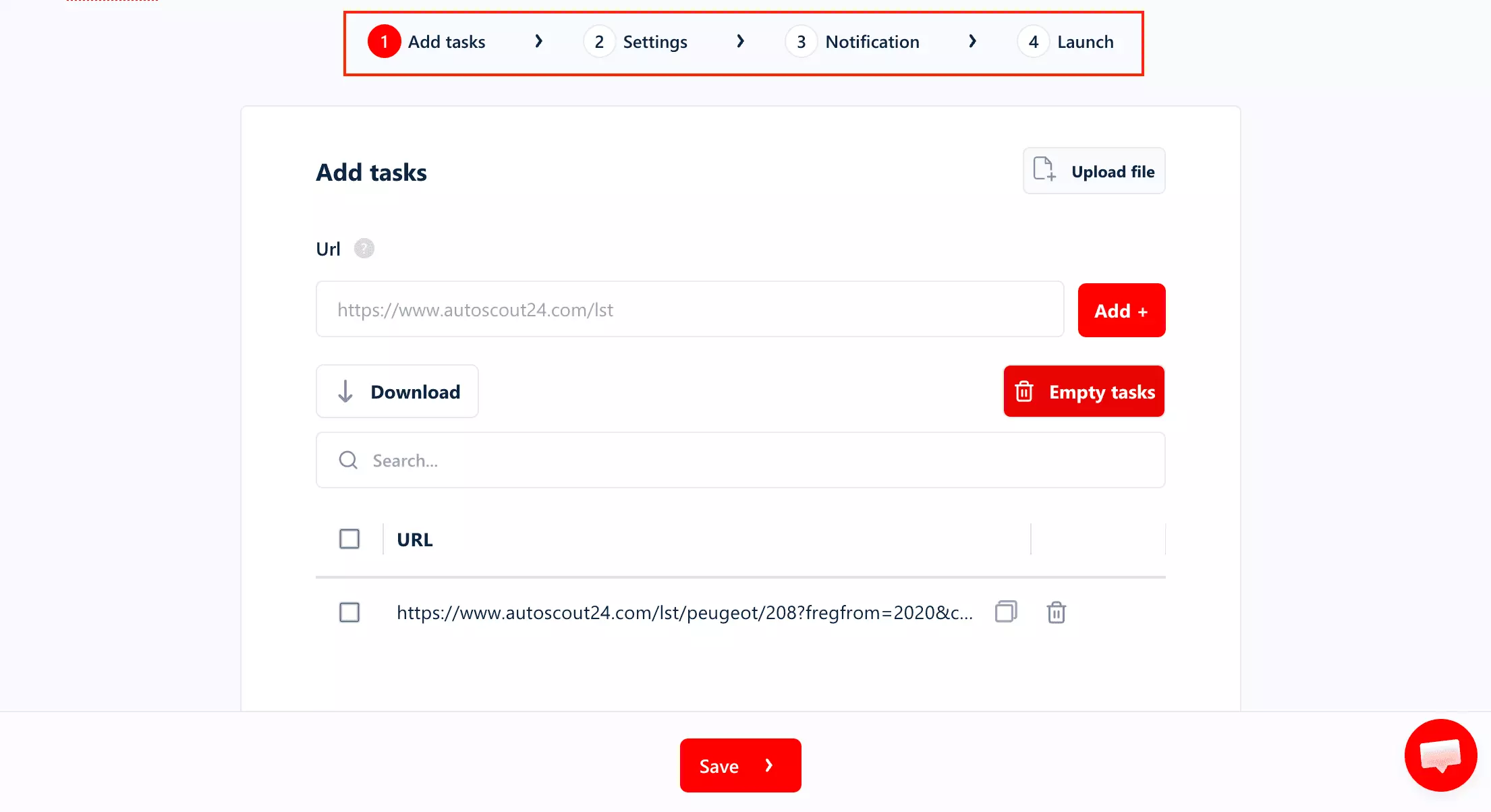 Vier-Schritte-Workflow von lobstr.io: Tasks hinzufügen, Einstellungen, Benachrichtigung und Zustellung