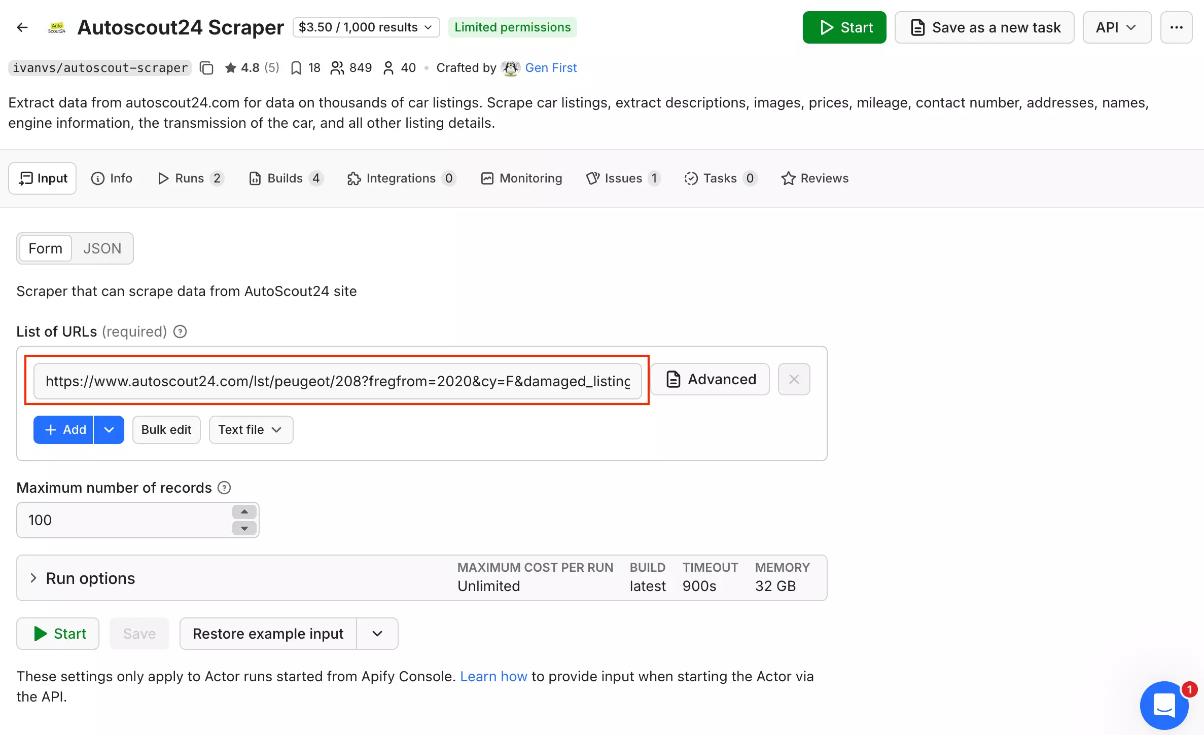 Eingabe bei ivanvs: eine oder mehrere AutoScout24-Such-URLs, mit Massen- und Textdatei-Import