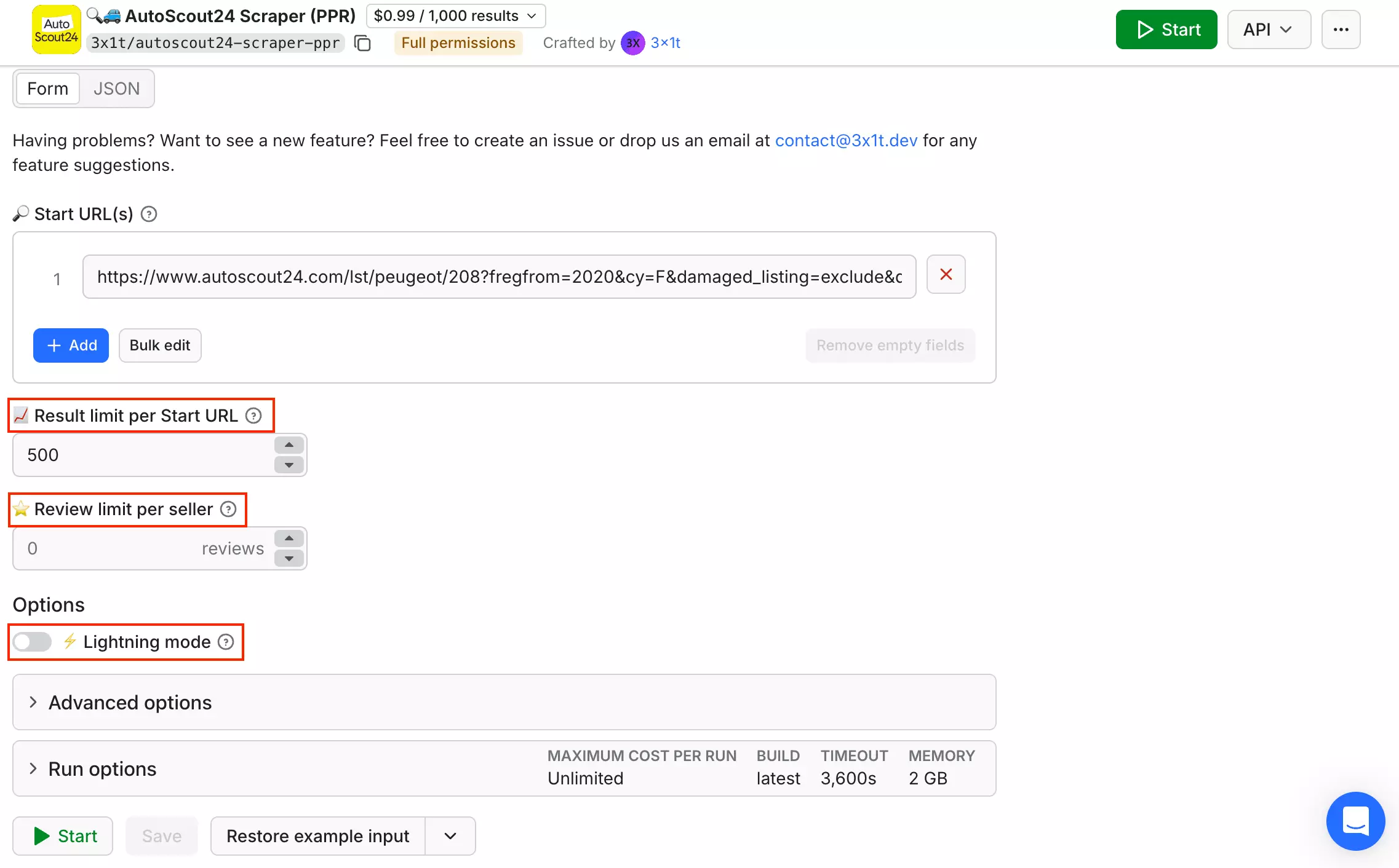 Steuerungen von 3x1t: Ergebnislimit pro Start-URL, Bewertungslimit pro Verkäufer, Lightning-Modus und erweiterte Optionen