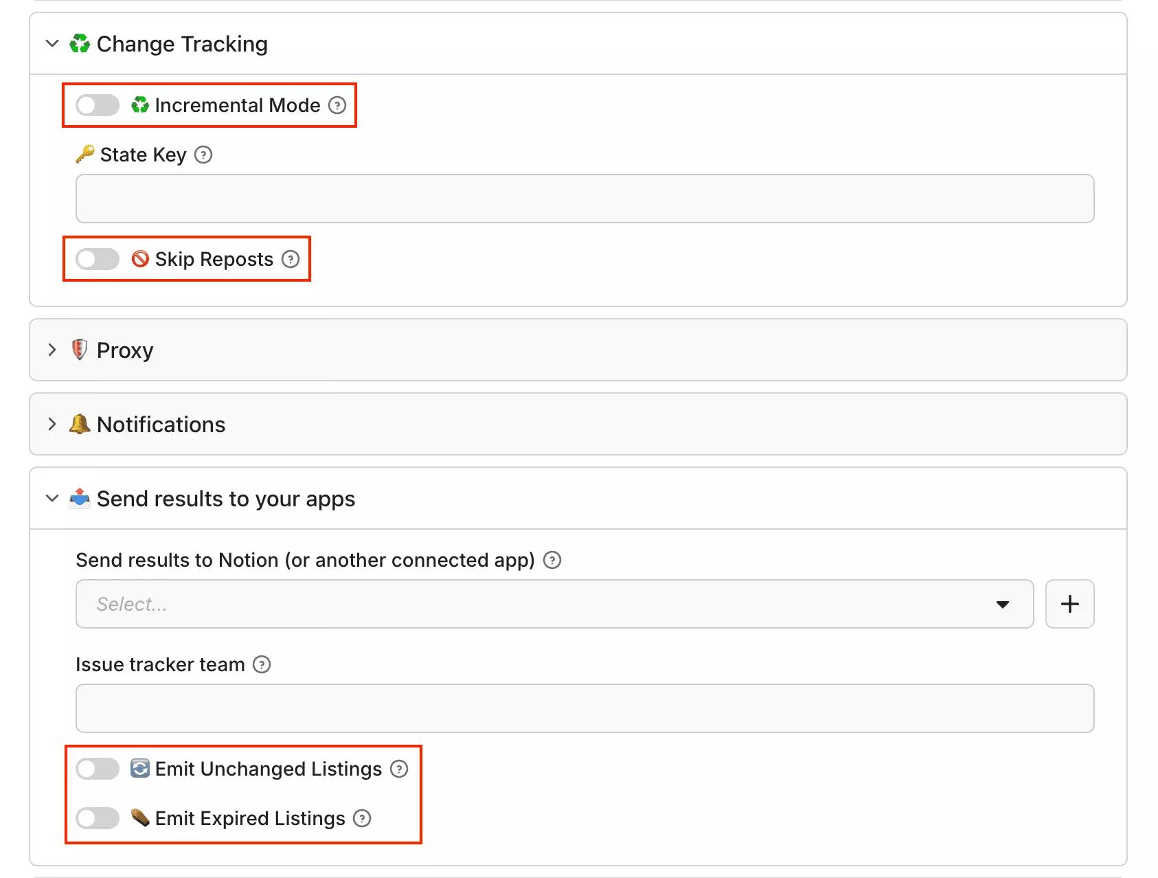 Einstellungen Incremental Mode, Skip Reposts, Emit Unchanged Listings und Emit Expired Listings