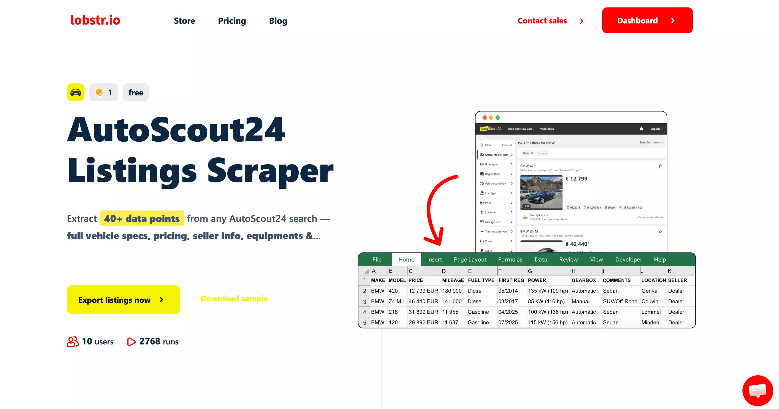Seite des AutoScout24 Listings Scrapers von lobstr.io