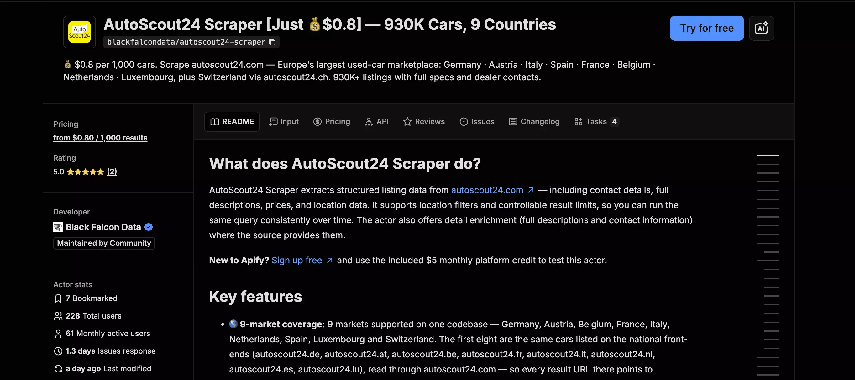Seite des blackfalcondata AutoScout24 Scrapers im Apify Store
