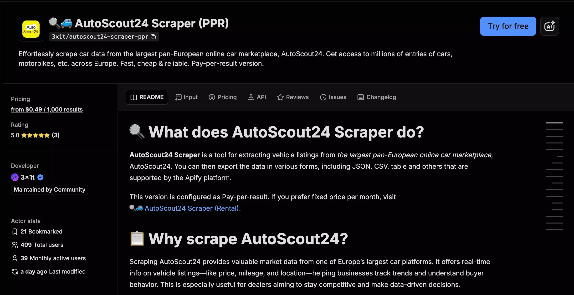 Seite des 3x1t AutoScout24 Scrapers im Apify Store