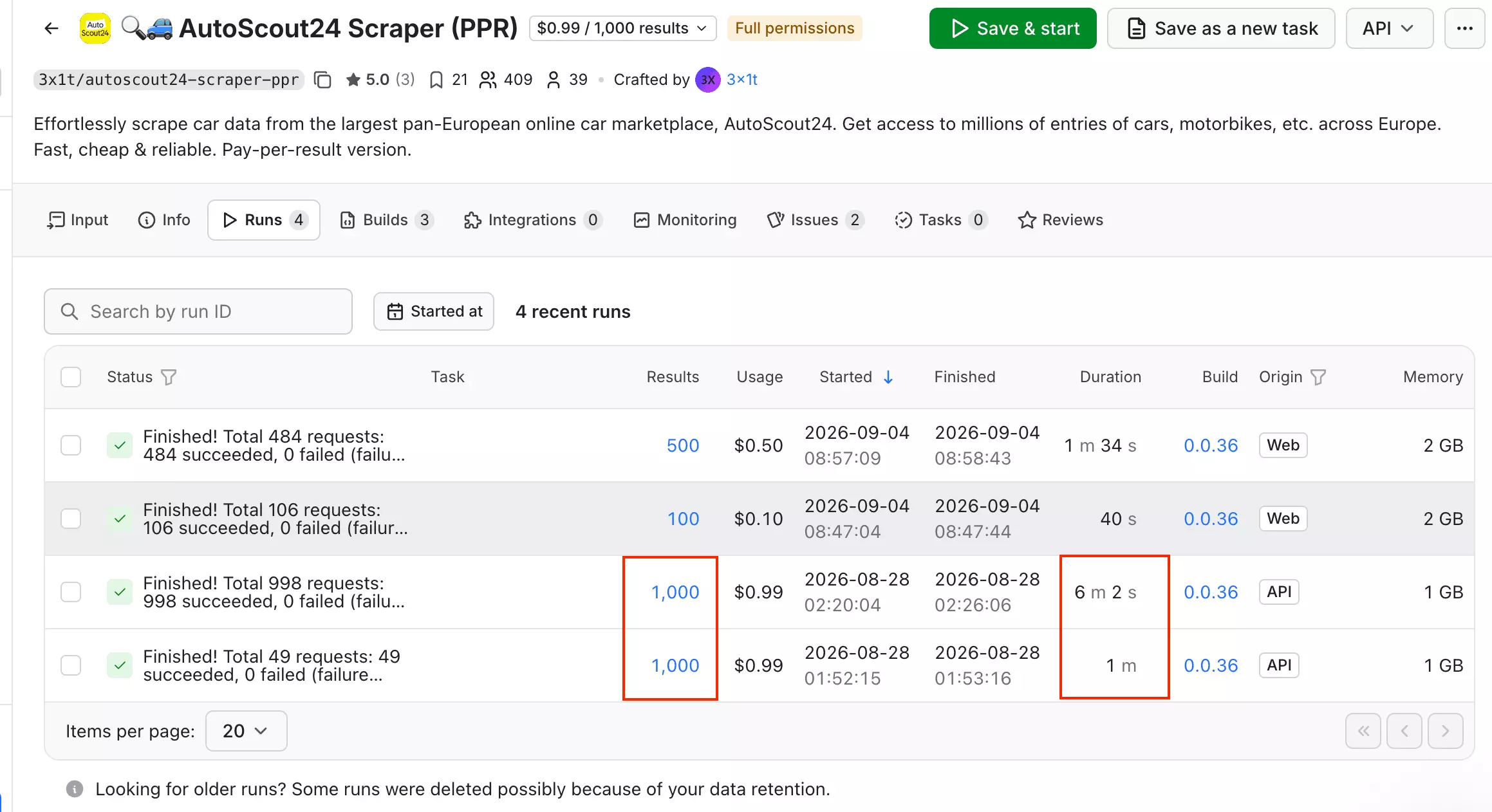 3x1t-Run im Lightning-Modus: 1.000 Anzeigen in etwa 60 Sekunden bei 1 GB Speicher