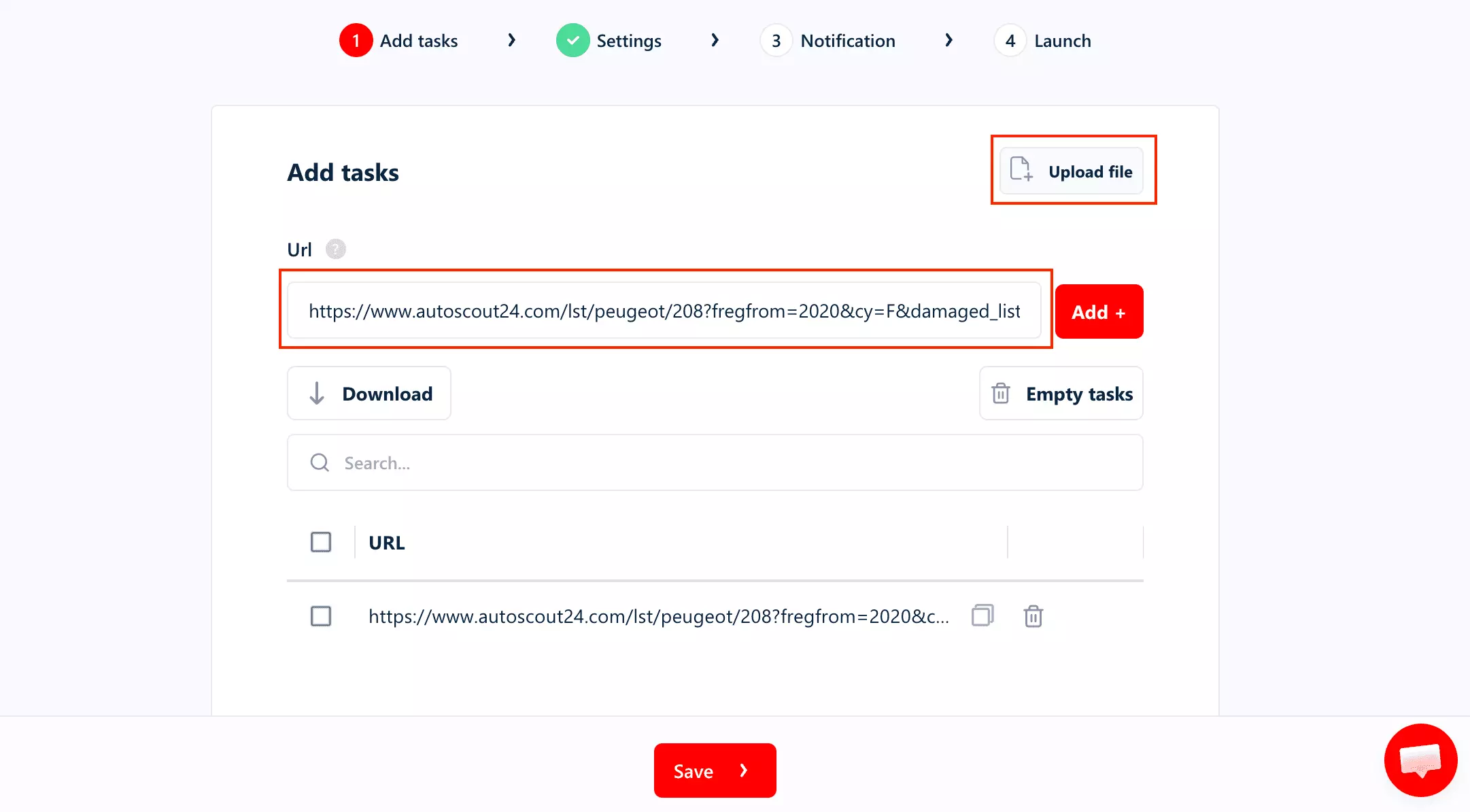 Hinzufügen einer AutoScout24-Such-URL oder Massen-Upload von Tasks aus einer CSV- oder TXT-Datei