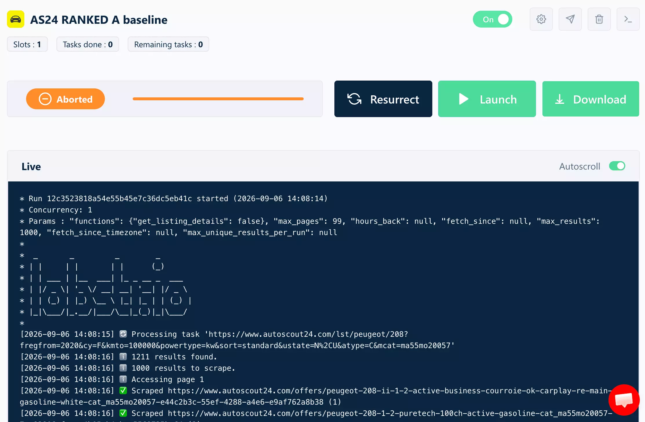 Run-Konsole von lobstr.io mit Fortschritt in Echtzeit und Zeitstempeln