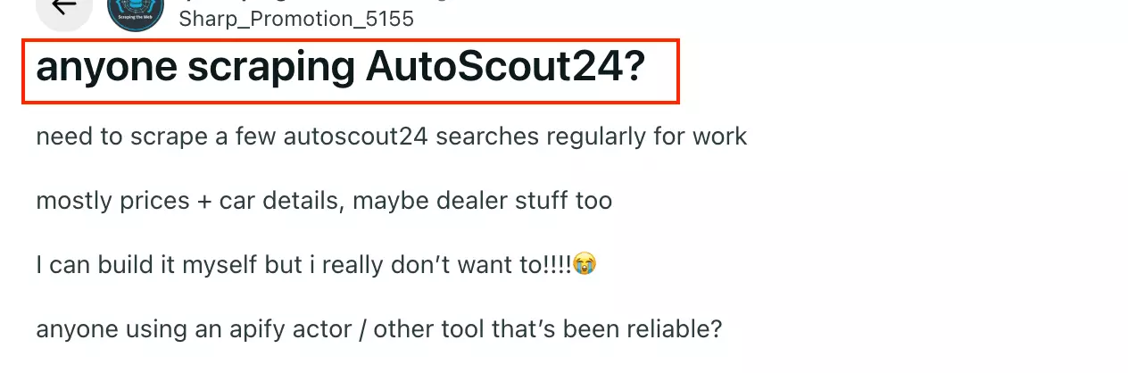 Reddit-Thread mit der Frage, welcher AutoScout24 Scraper wirklich funktioniert