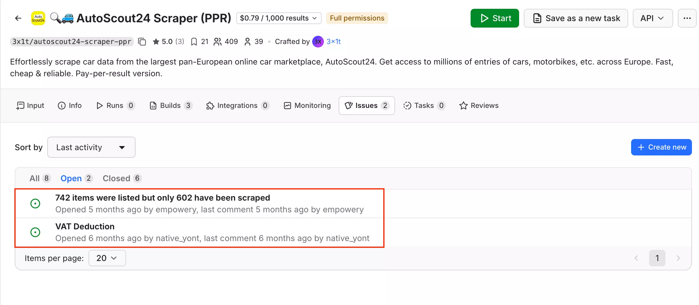 Apify Issues von 3x1t: ausgewiesene Antwortzeit von 0 Stunden, während zwei Tickets seit Monaten offen sind
