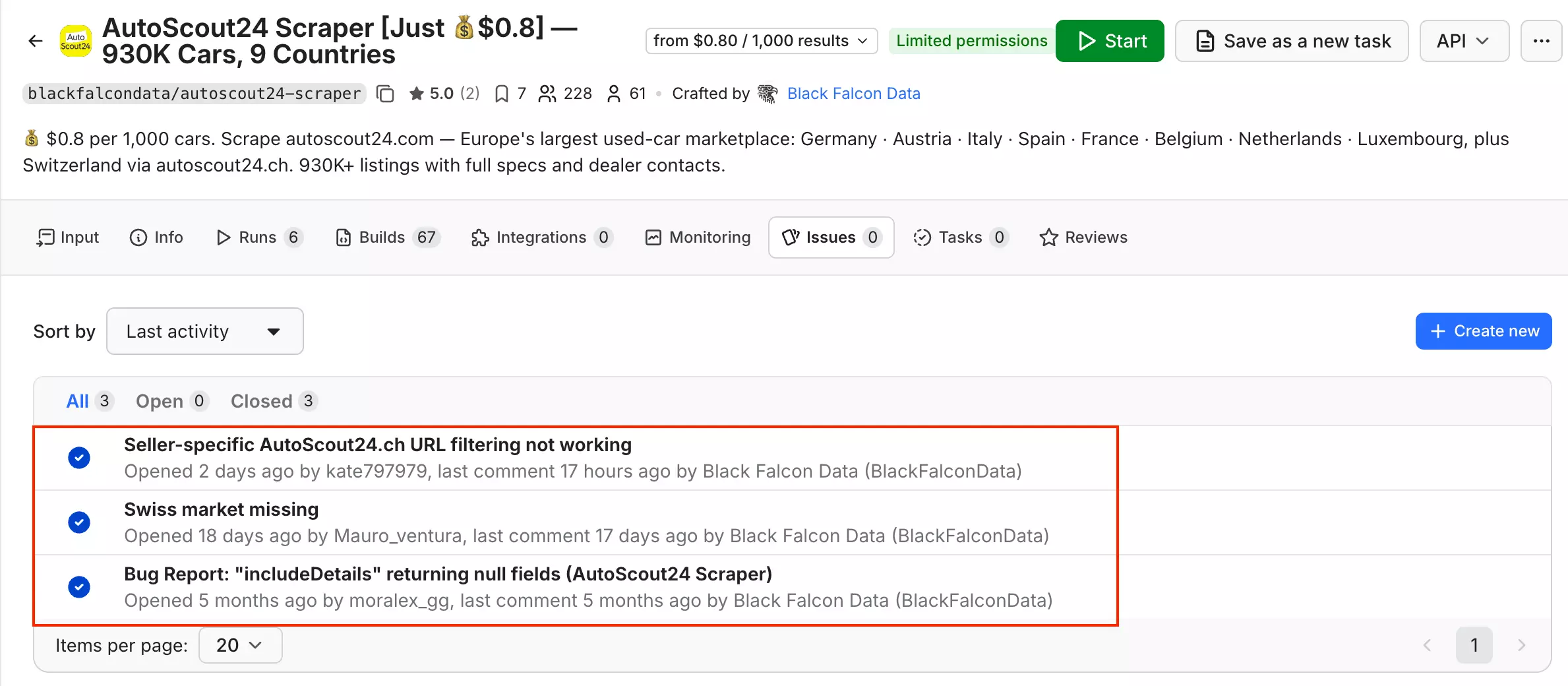 Apify Issues von blackfalcondata: 1,3 Tage durchschnittliche Antwortzeit, alle drei öffentlichen Tickets geschlossen