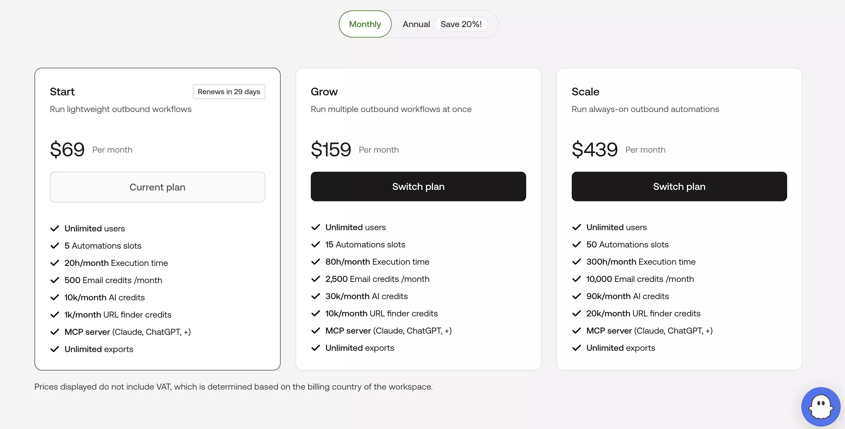 PhantomBuster published pricing: Start, Grow and Scale plans with their execution-time allowances
