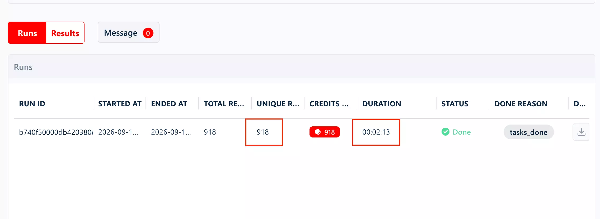 lobstr.io run console showing 918 Trustpilot reviews collected in 2 min 33 sec