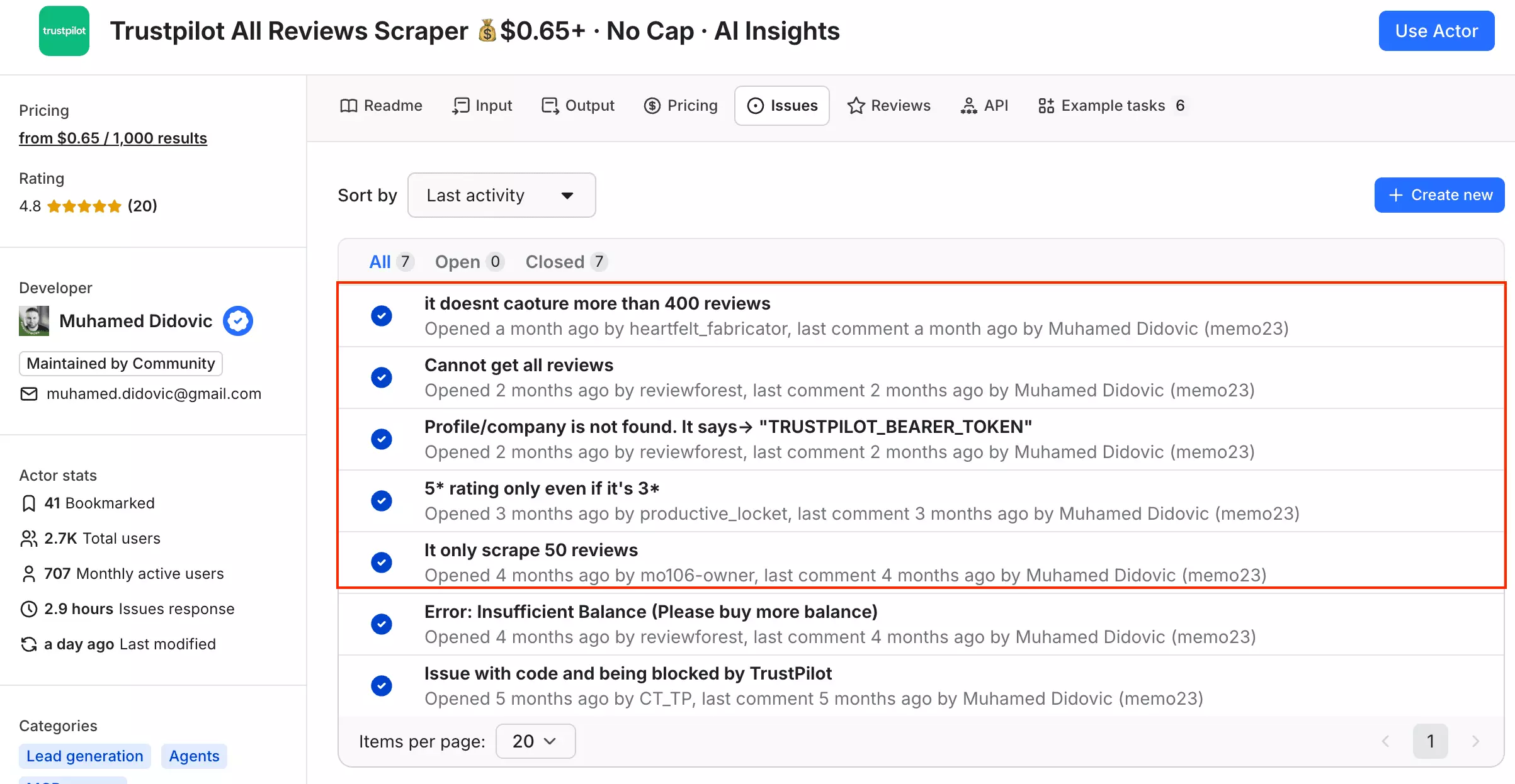 User reports of incomplete collections on the Apify Trustpilot Actor