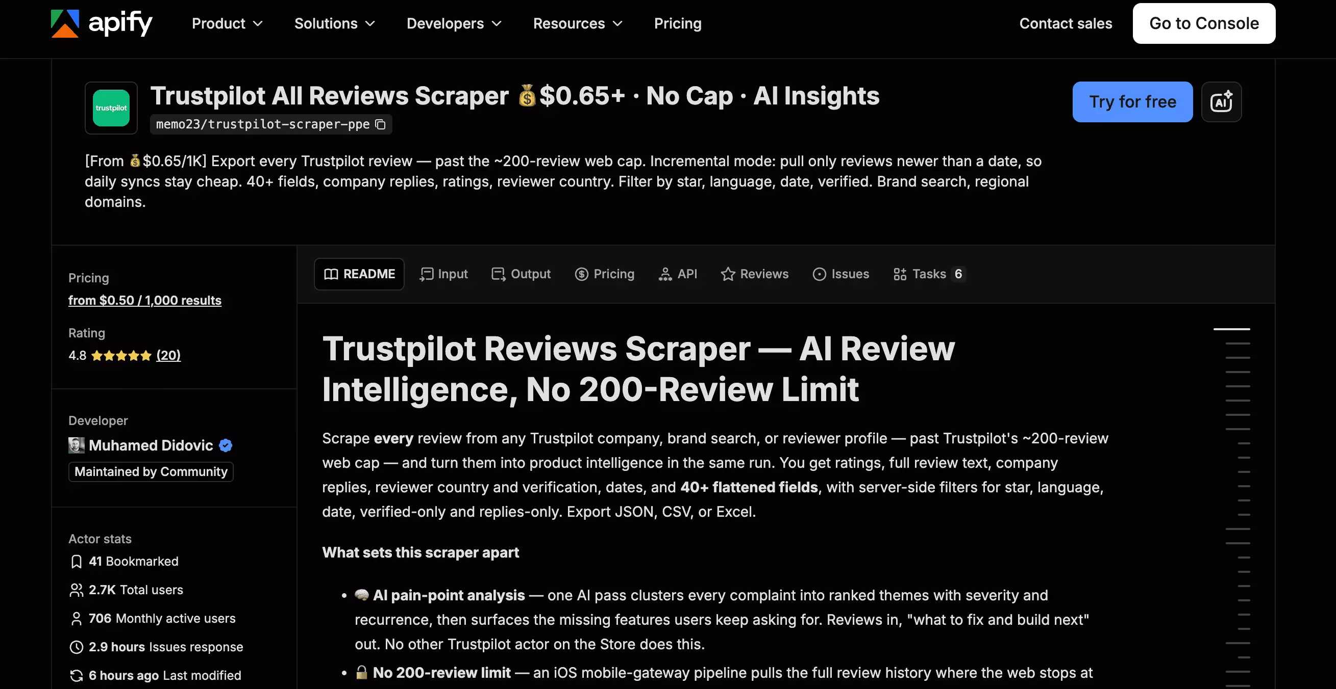 Apify homepage showing the Trustpilot scraper Actor listing