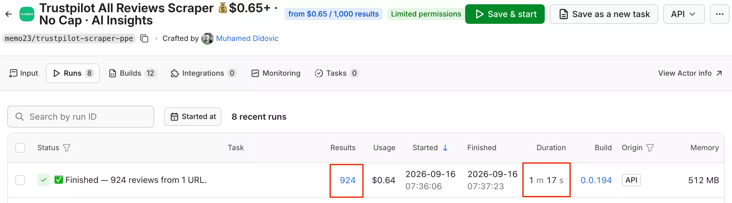 Apify run finishing with 924 Trustpilot reviews collected in 1 min 31 sec
