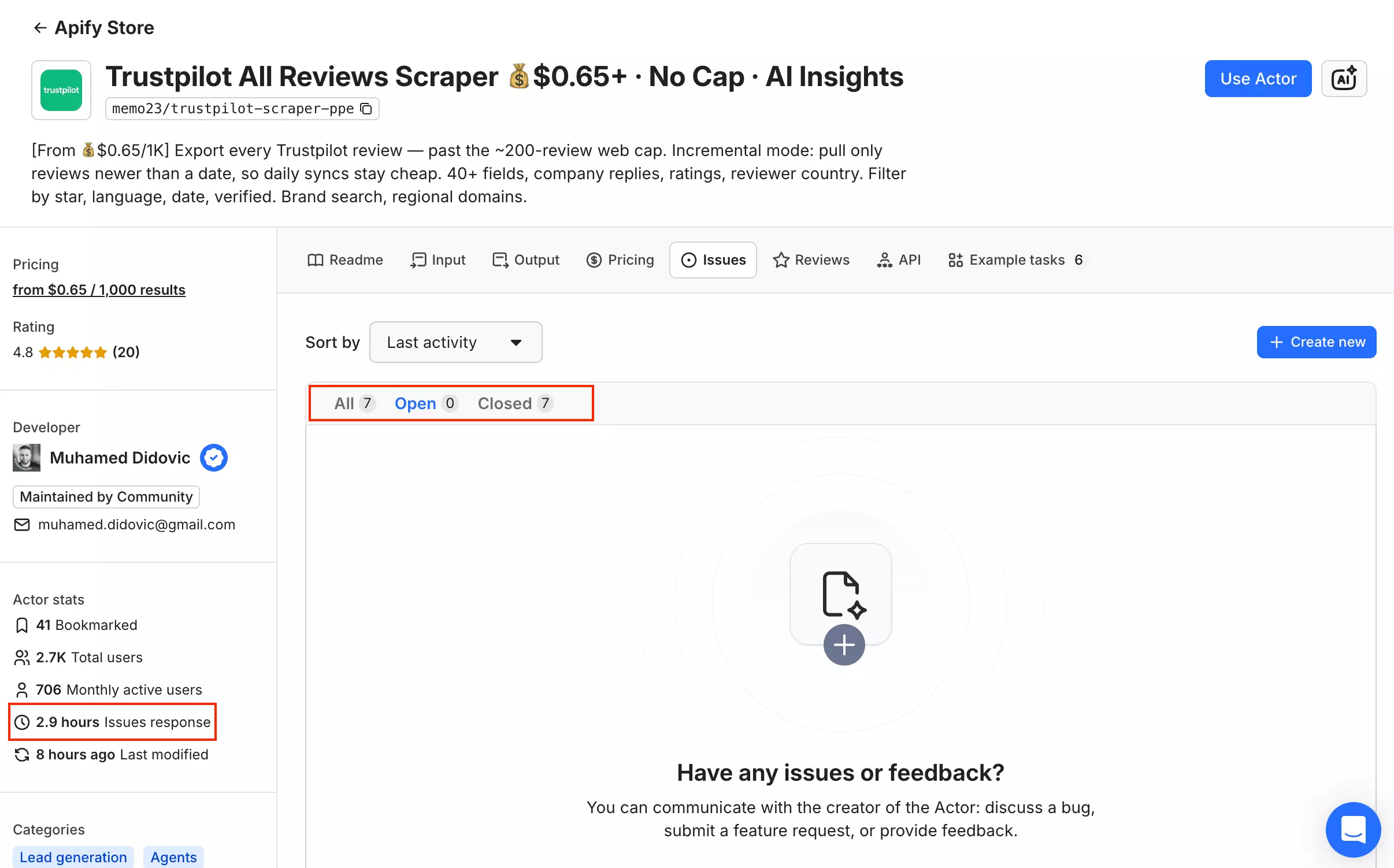 Apify Issues page for the Trustpilot Actor showing 7 issues, all closed