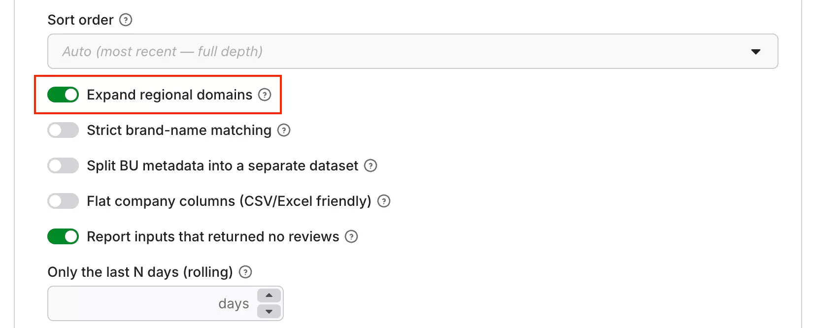 Apify options showing regional-domain expansion enabled, date cutoffs, company-data options, and review limit