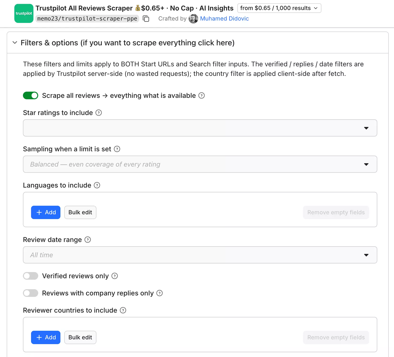 Apify setup screen showing Start URLs and Search filters