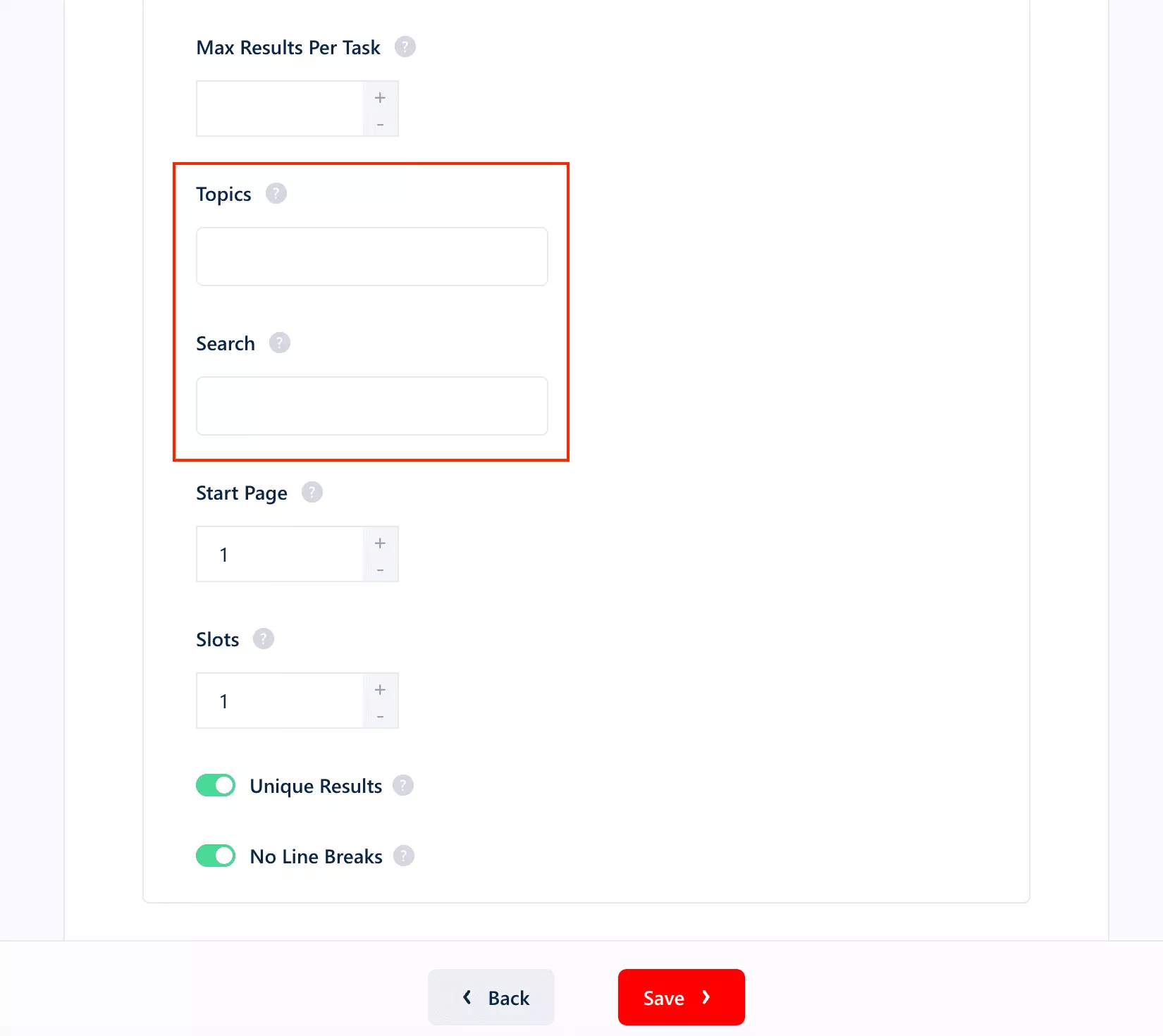lobstr.io Topics and Search controls for narrowing a Trustpilot collection