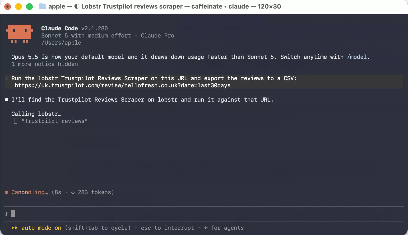 Running the lobstr.io Trustpilot Reviews Scraper from an AI client through the MCP server