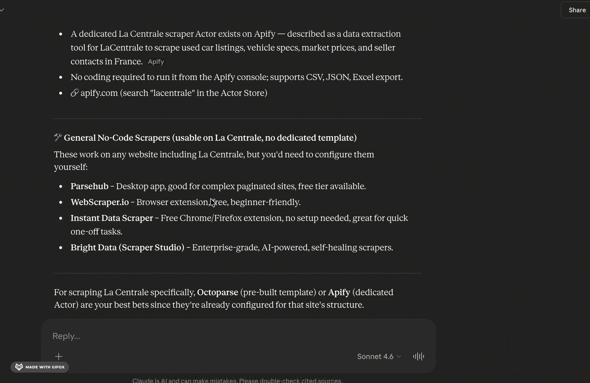Capture d'écran des recommandations d'outils par IA