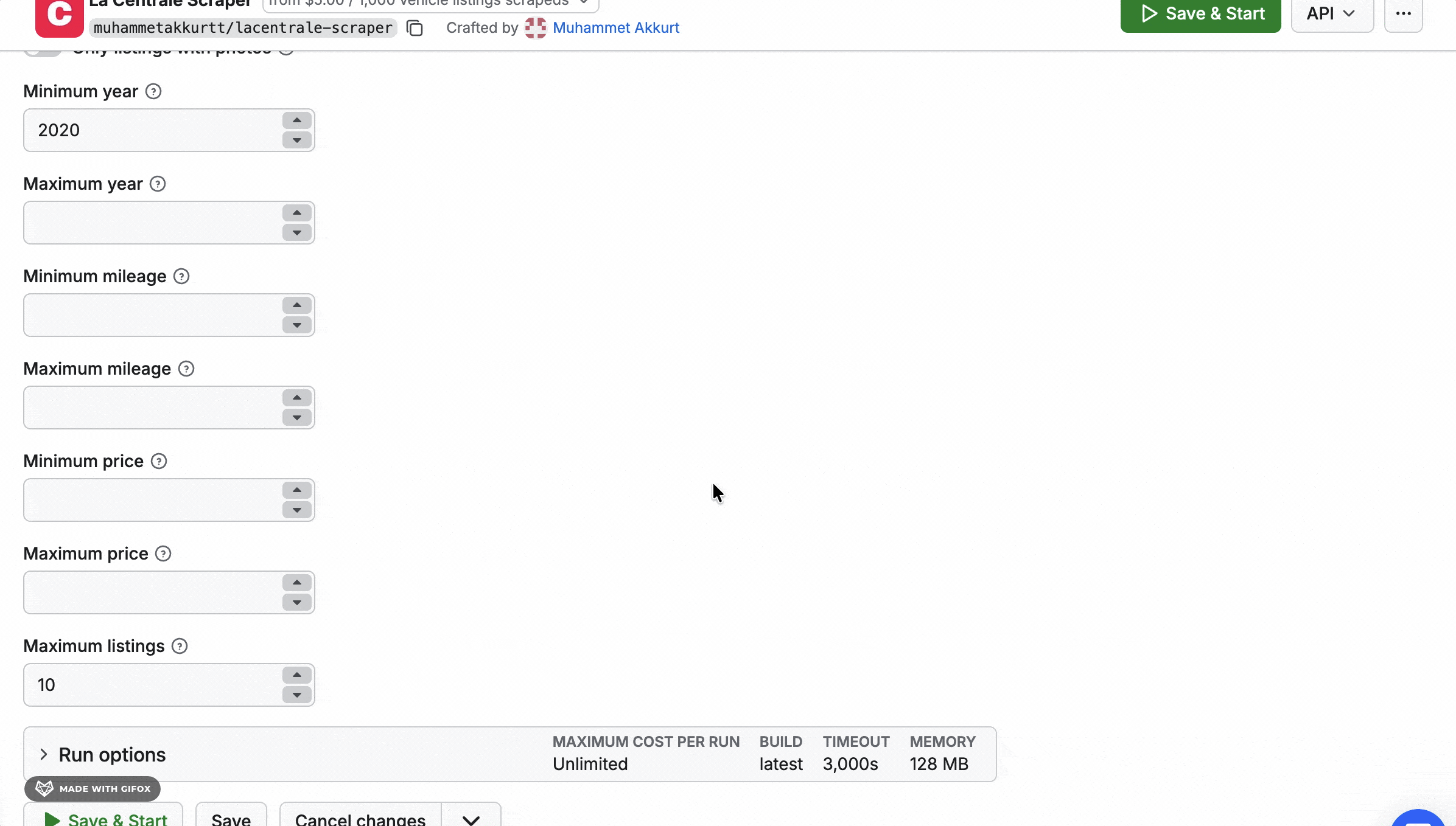 Interface de filtrage Apify