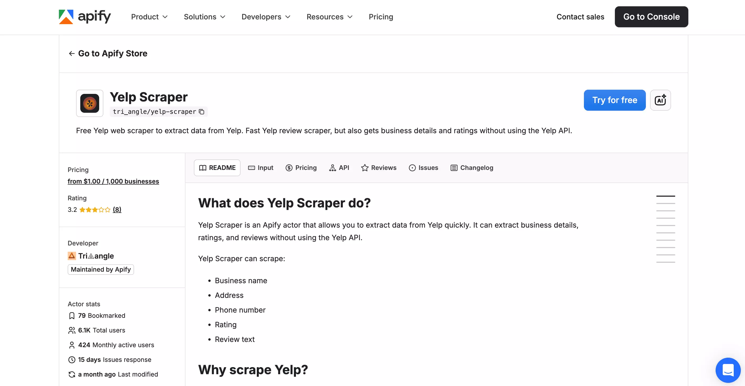 Apify homepage showing the Yelp Scraper actor page