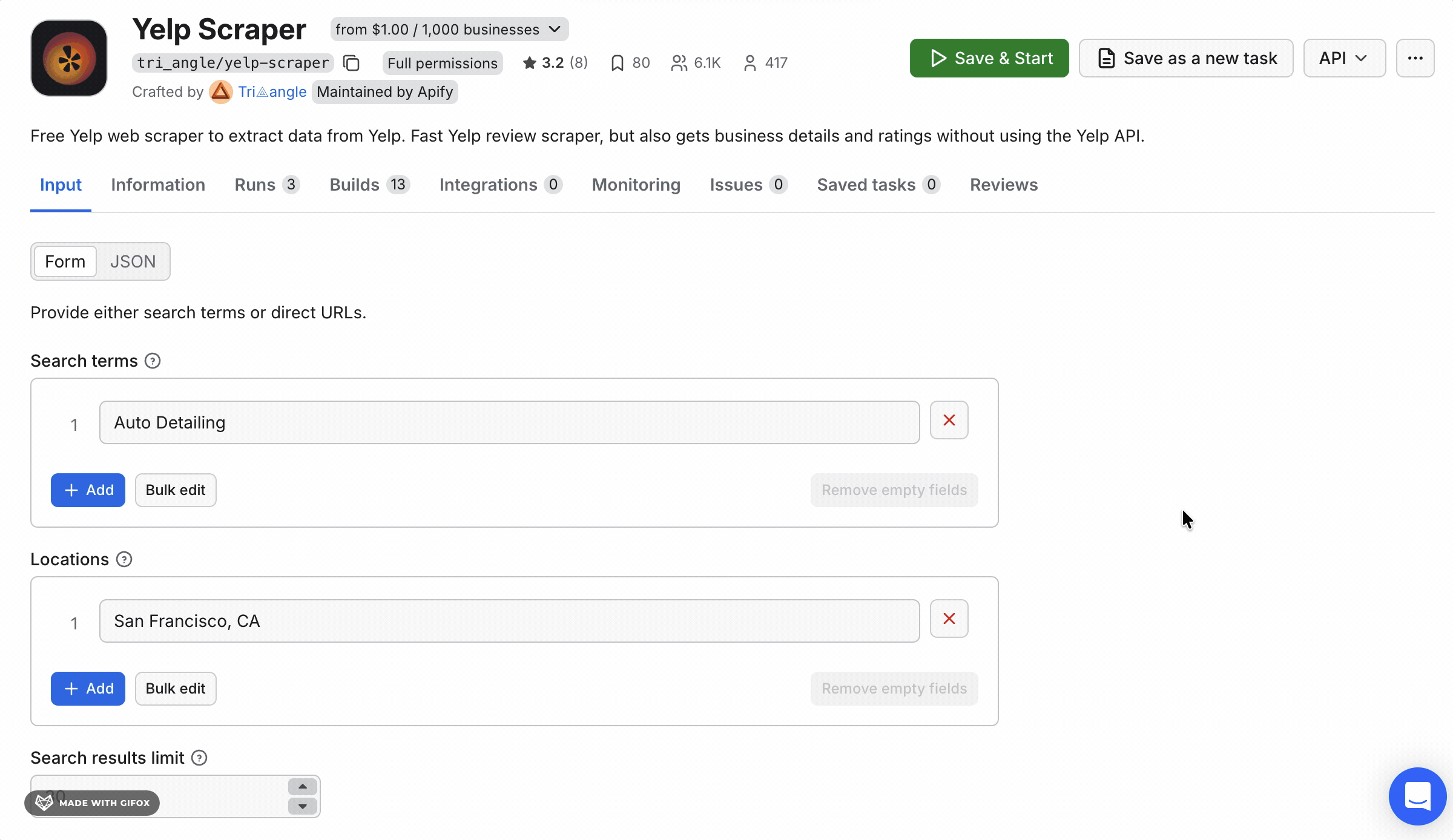 GIF showing Apify Yelp scraper setup interface with search term and URL input options