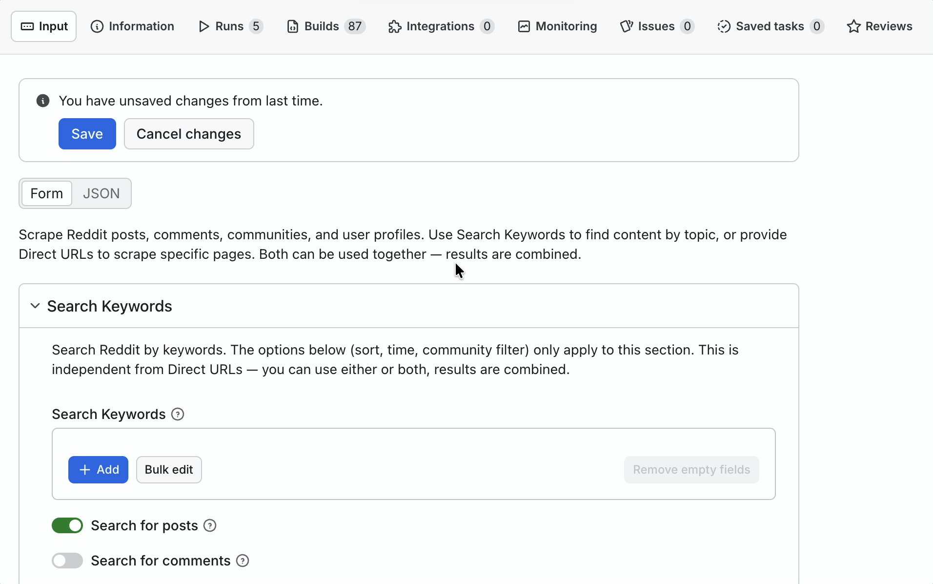 Apify Reddit scraper — search and result controls in the actor UI