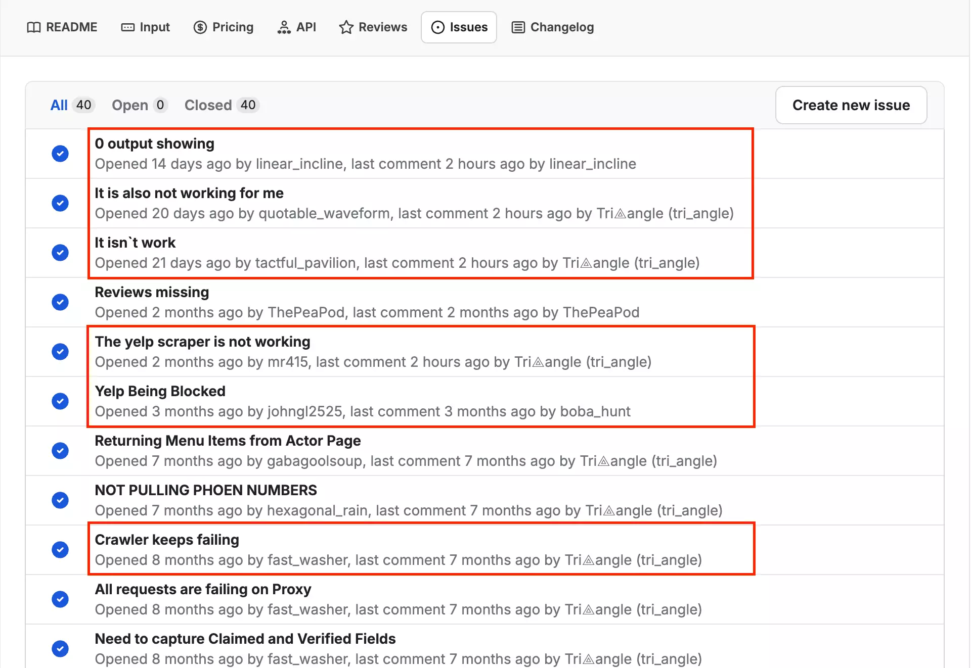 Apify Issues tab showing user-reported zero output, proxy failures, and the Yelp scraper not working