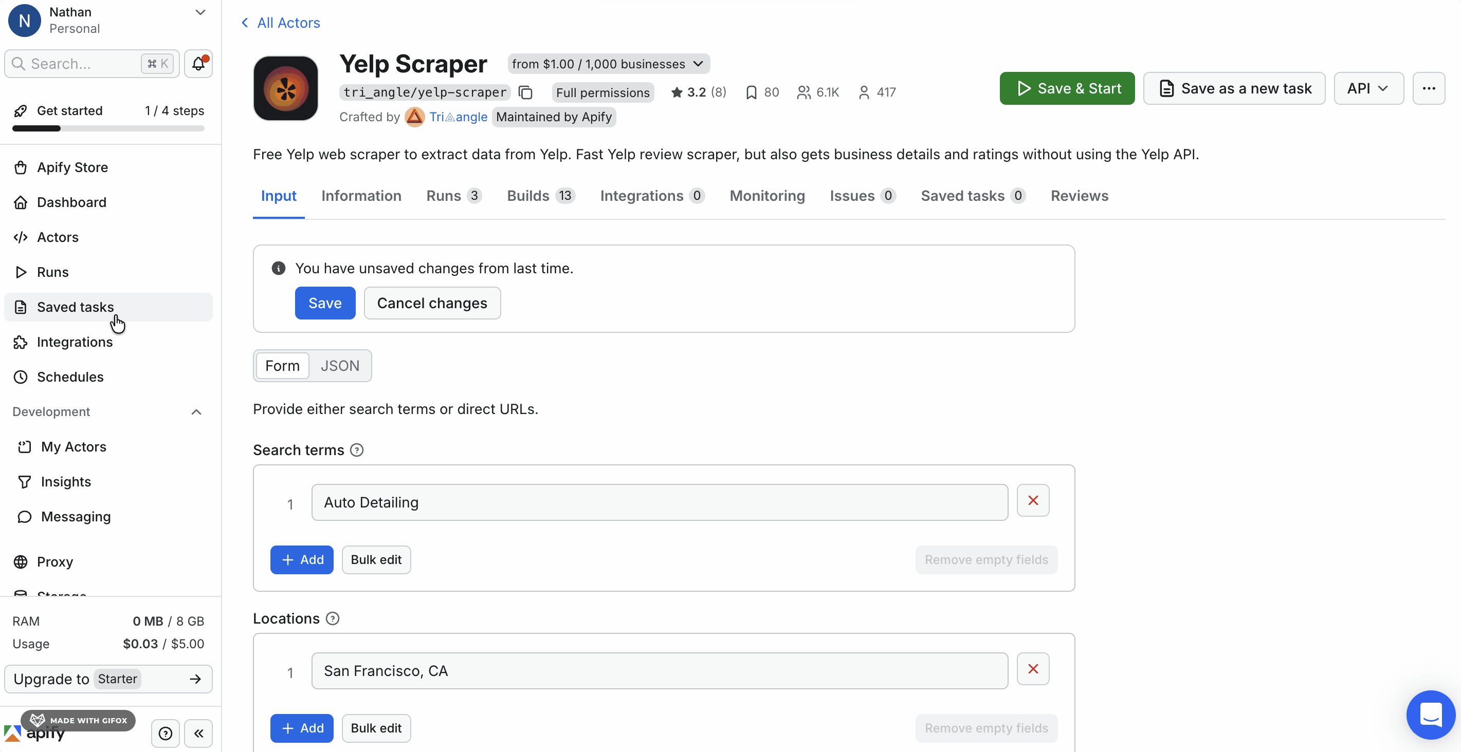 Apify scheduling interface showing recurring scrape configuration options