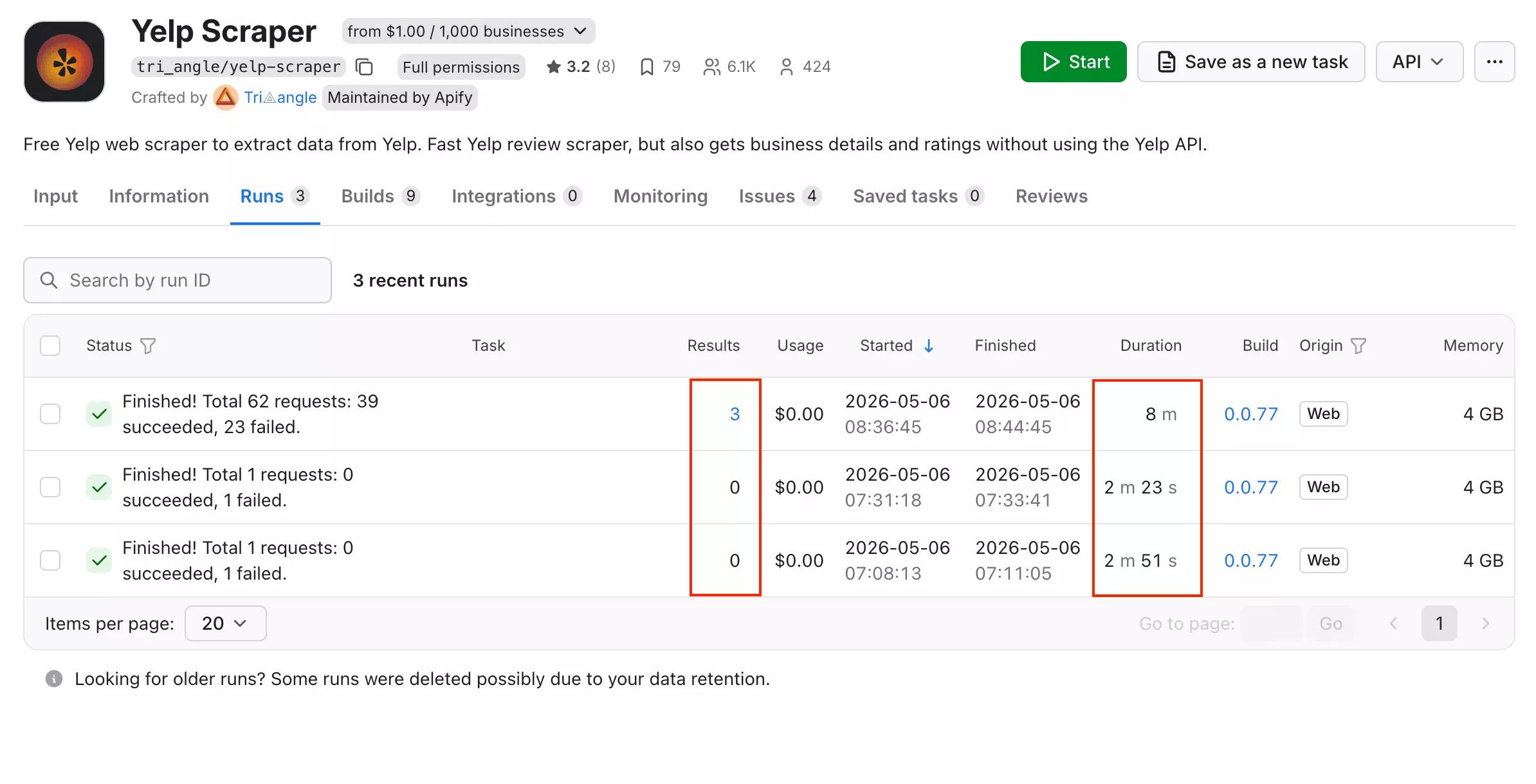 Apify speed test showing two zero-result runs and one run returning 3 results in 8 minutes