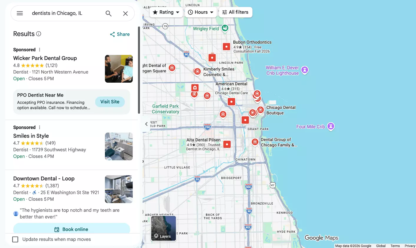 Google Maps search results for dentists in Chicago, IL