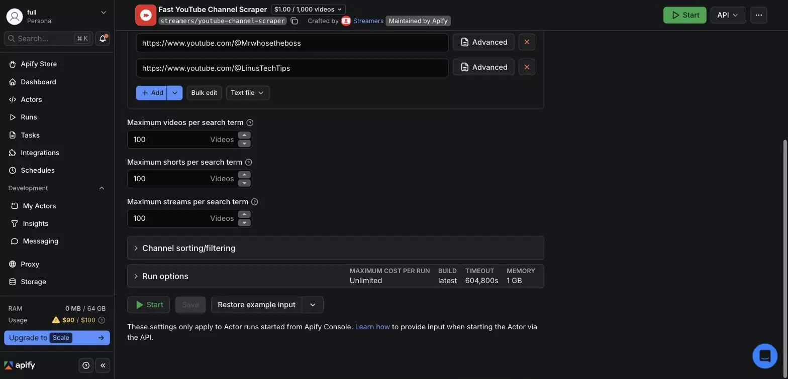 Apify channel actor limits per type