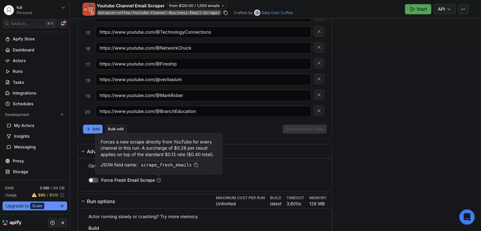 Apify Force Fresh tooltip: $0.12 + $0.28