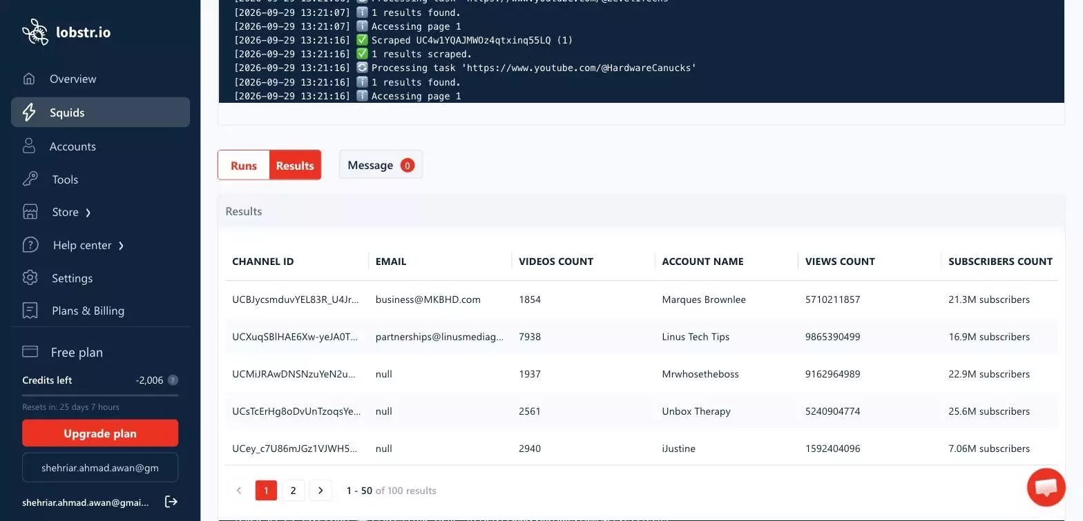 lobstr.io results with emails and stats