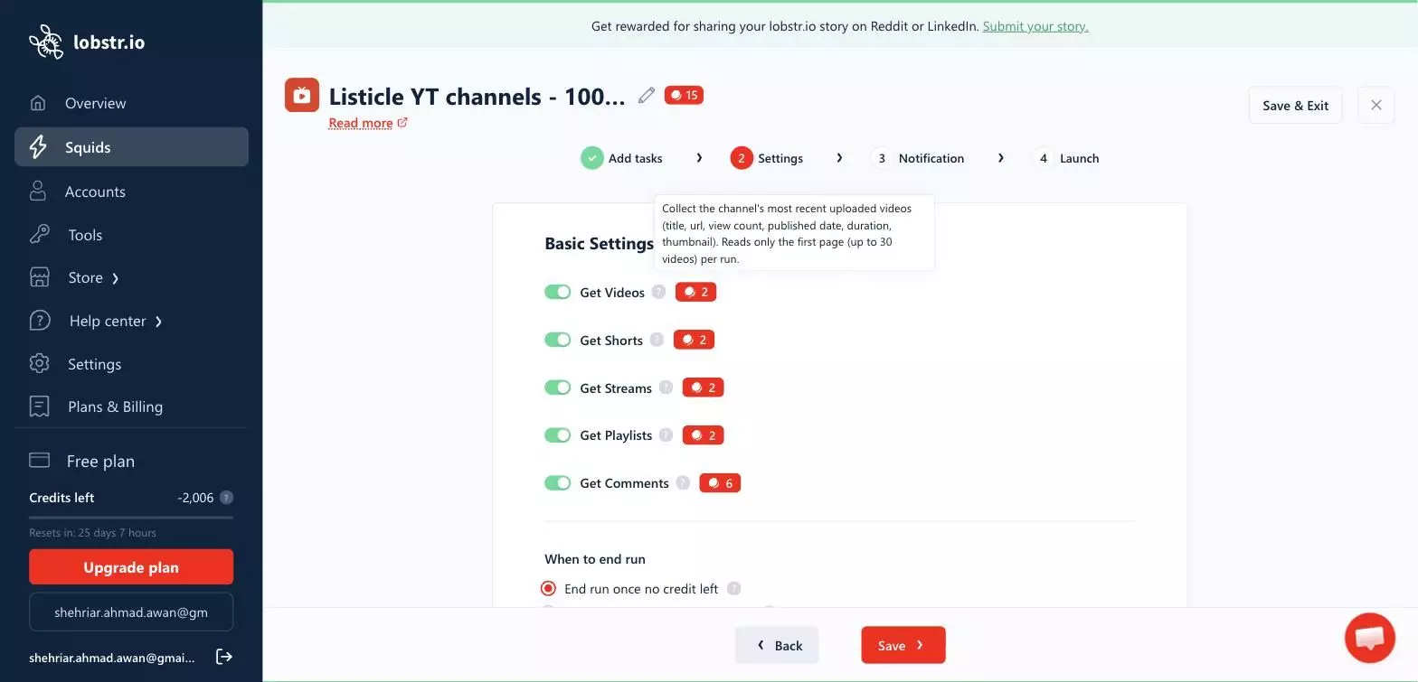 lobstr.io tooltip: up to 30 videos per run