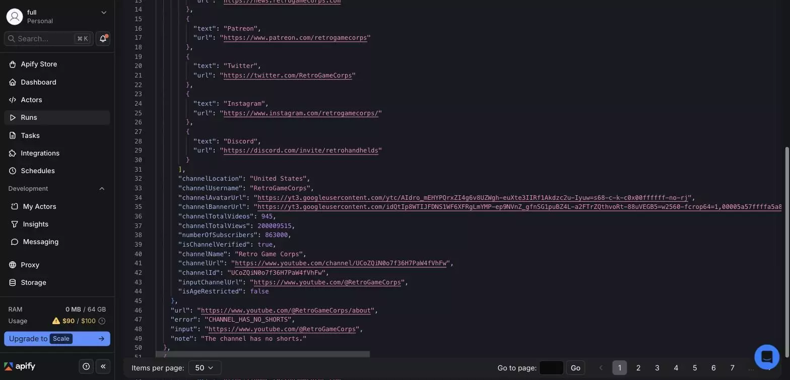 Apify JSON output, no email field
