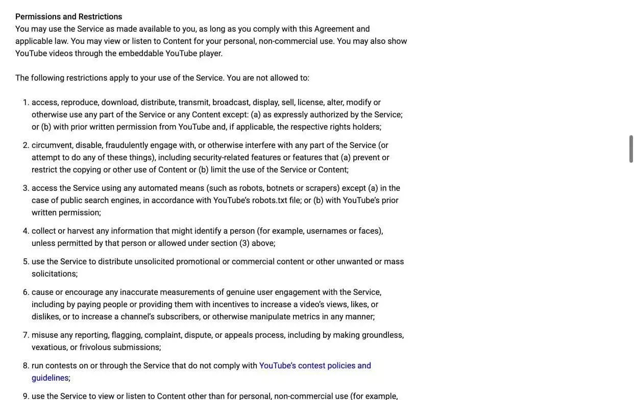 YouTube Terms clause on automated access