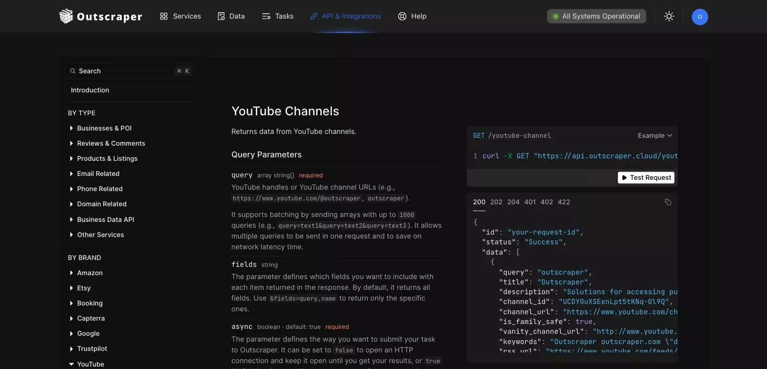 Outscraper API docs for YouTube Channels