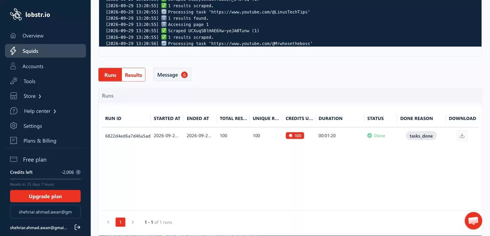 lobstr.io run: 100 results in 00:01:20