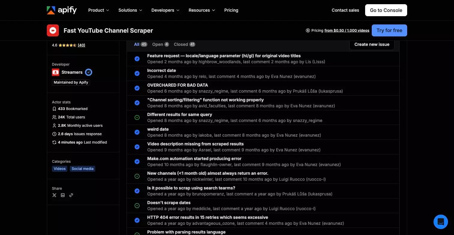 Apify channel actor Issues: 2.6-day response