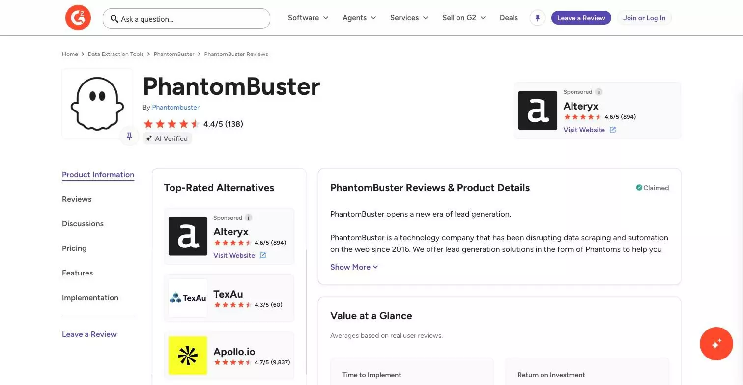 Phantombuster G2 rating: 4.4 from 138 reviews