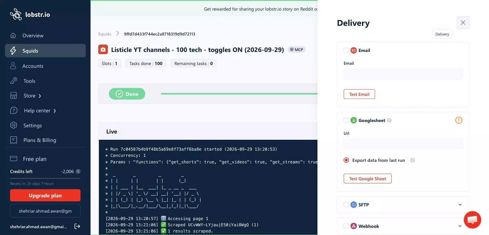 lobstr.io Delivery panel