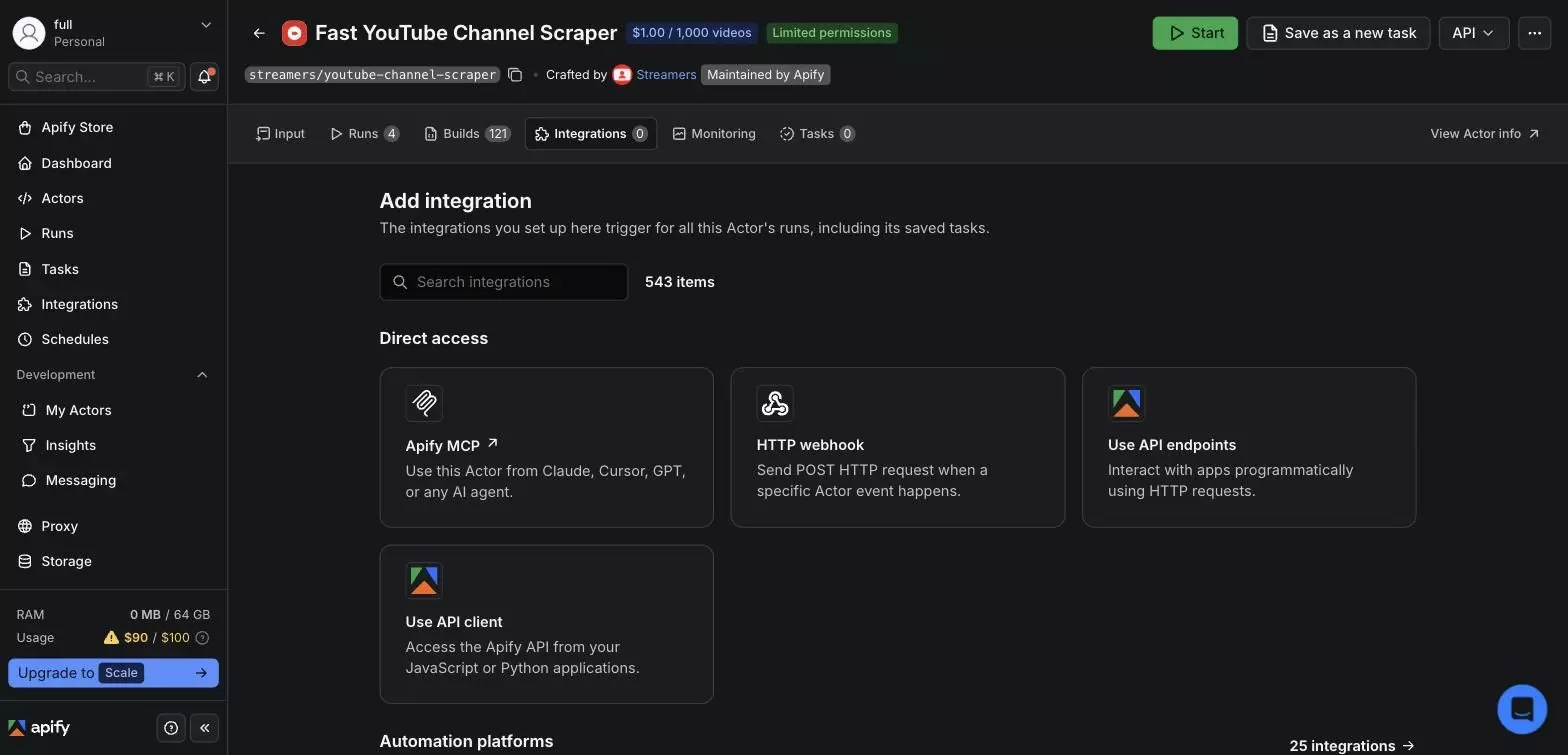 Apify Integrations tab, incl. MCP