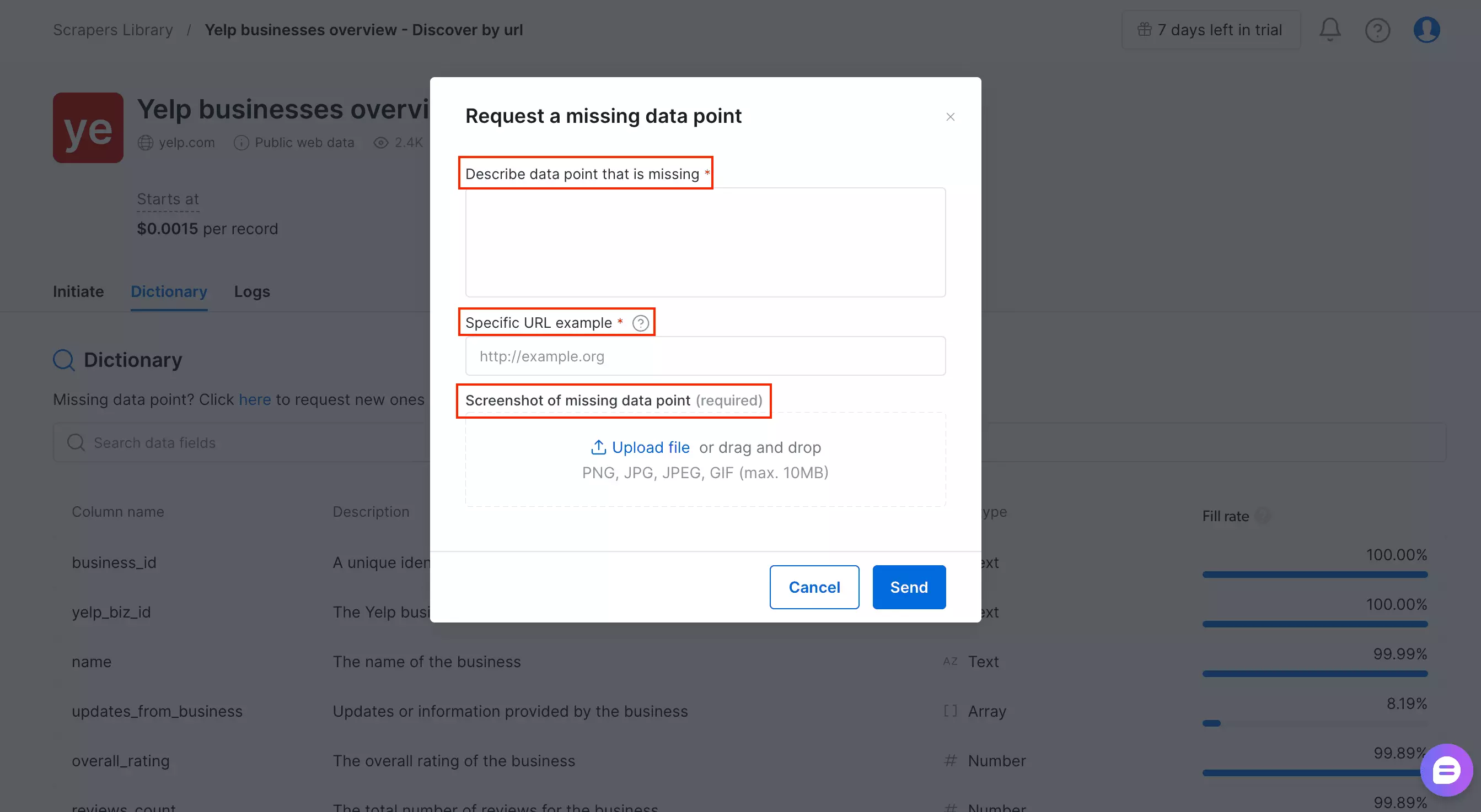 Bright Data Request missing data form for reporting incomplete records and requesting follow-up over email