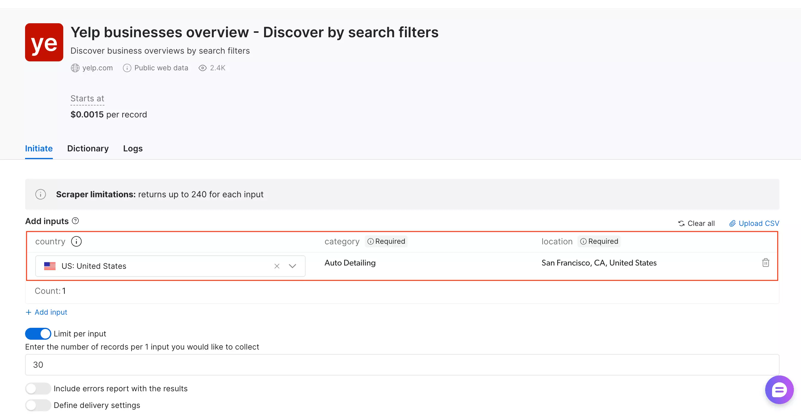 Bright Data Discover by search filters interface showing country, category, and location input fields