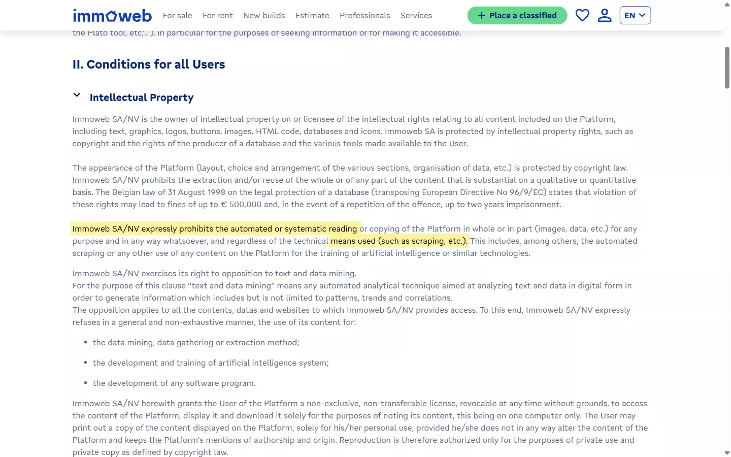 Immoweb Terms of Use prohibiting automated reading and scraping
