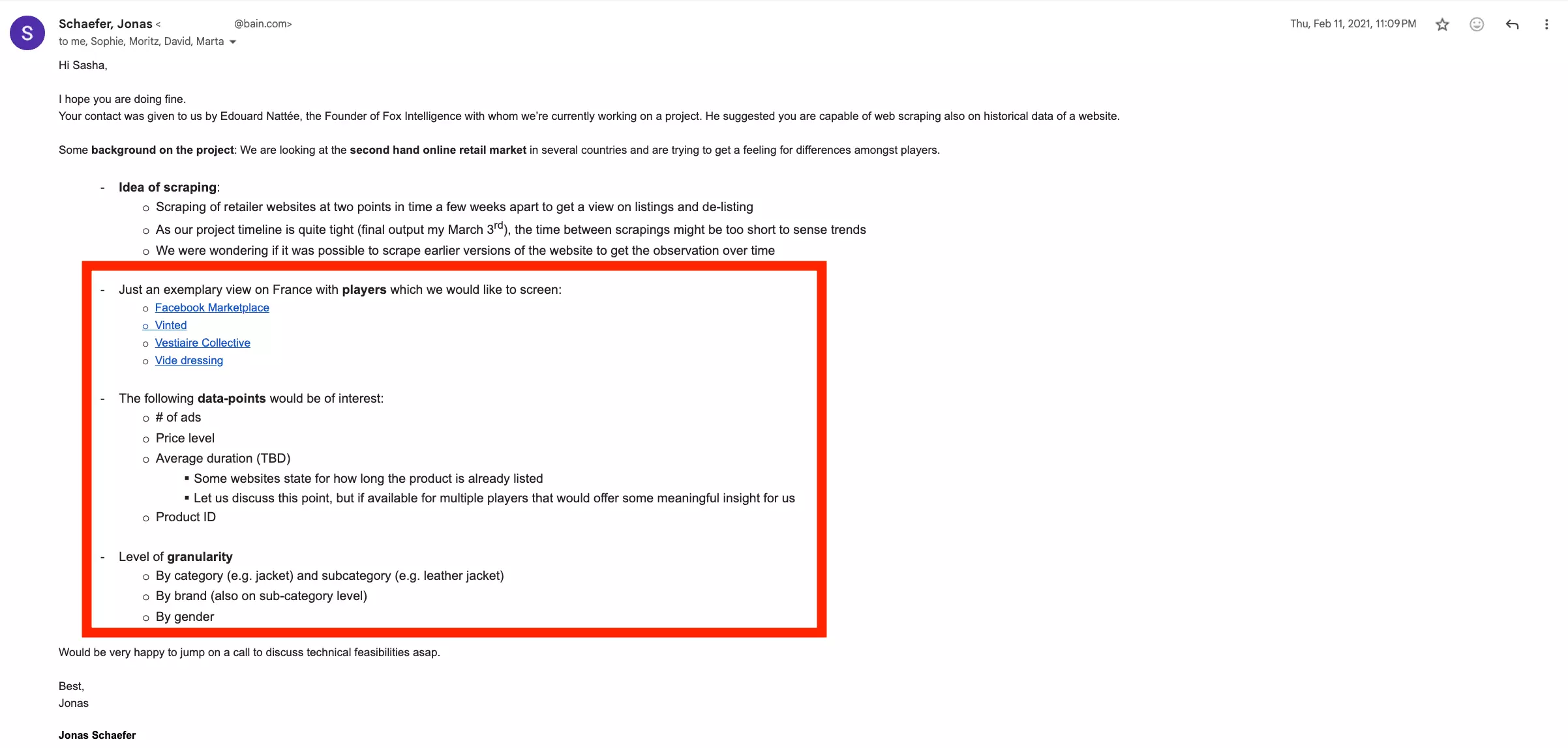 Email from Bain consultant outlining the scraping requirements