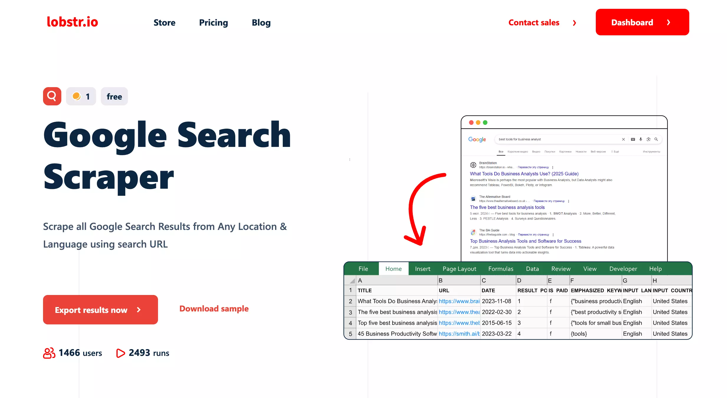 lobstr.io Google Search scraper turning a search query into a clean CSV export